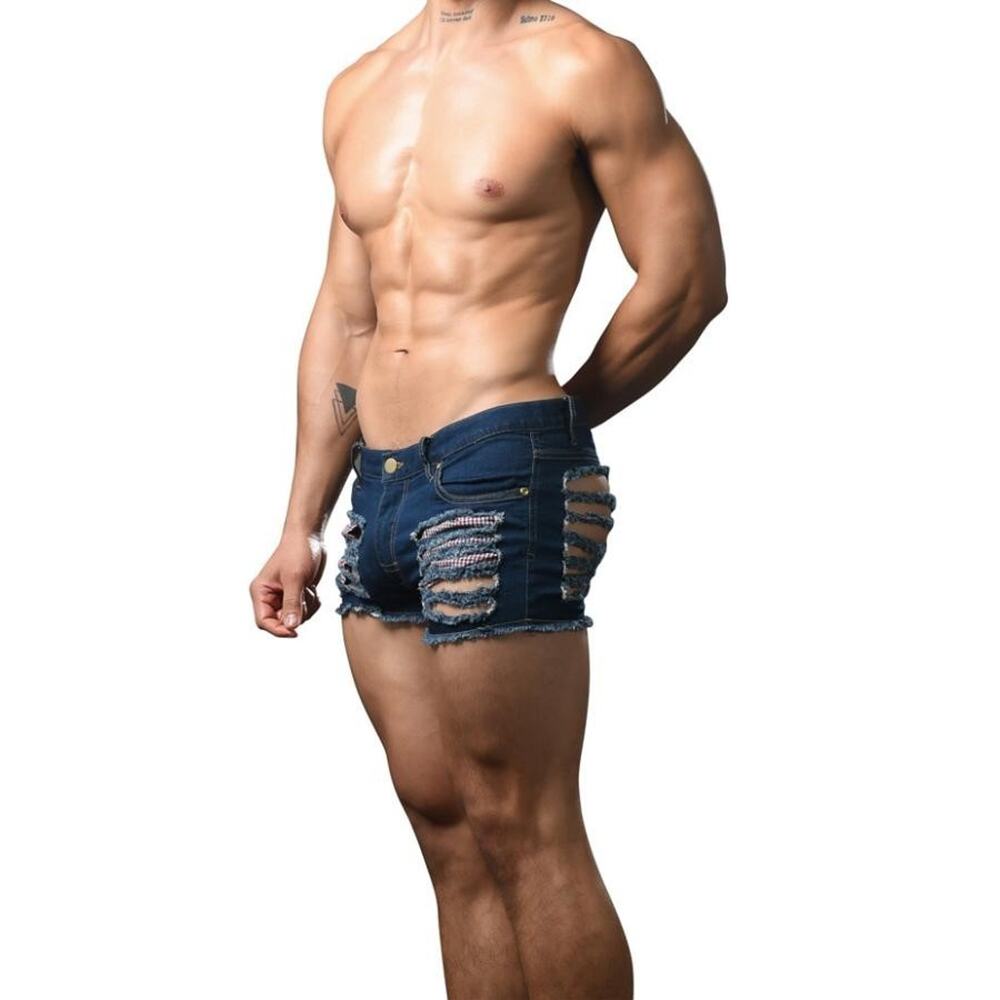 NEW Andrew Christian Mens Slashed Denim Short Shorts Color Blue Size 32